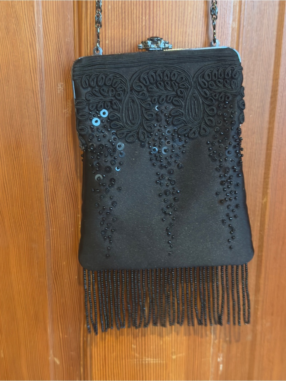 Vintage Talbots Black Beaded Fringe Evening Purse